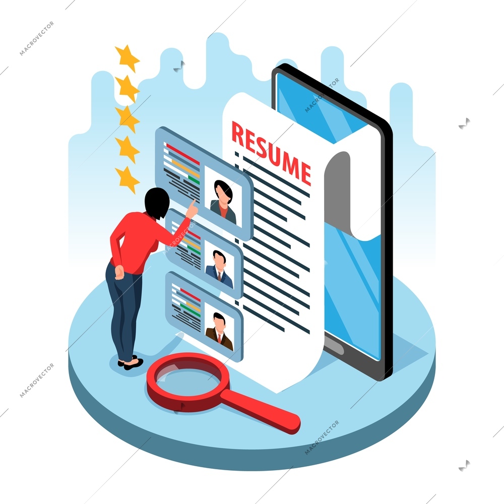 Job vacancy isolated object with female hr manager studying resume of candidates for vacant position  vector illustration