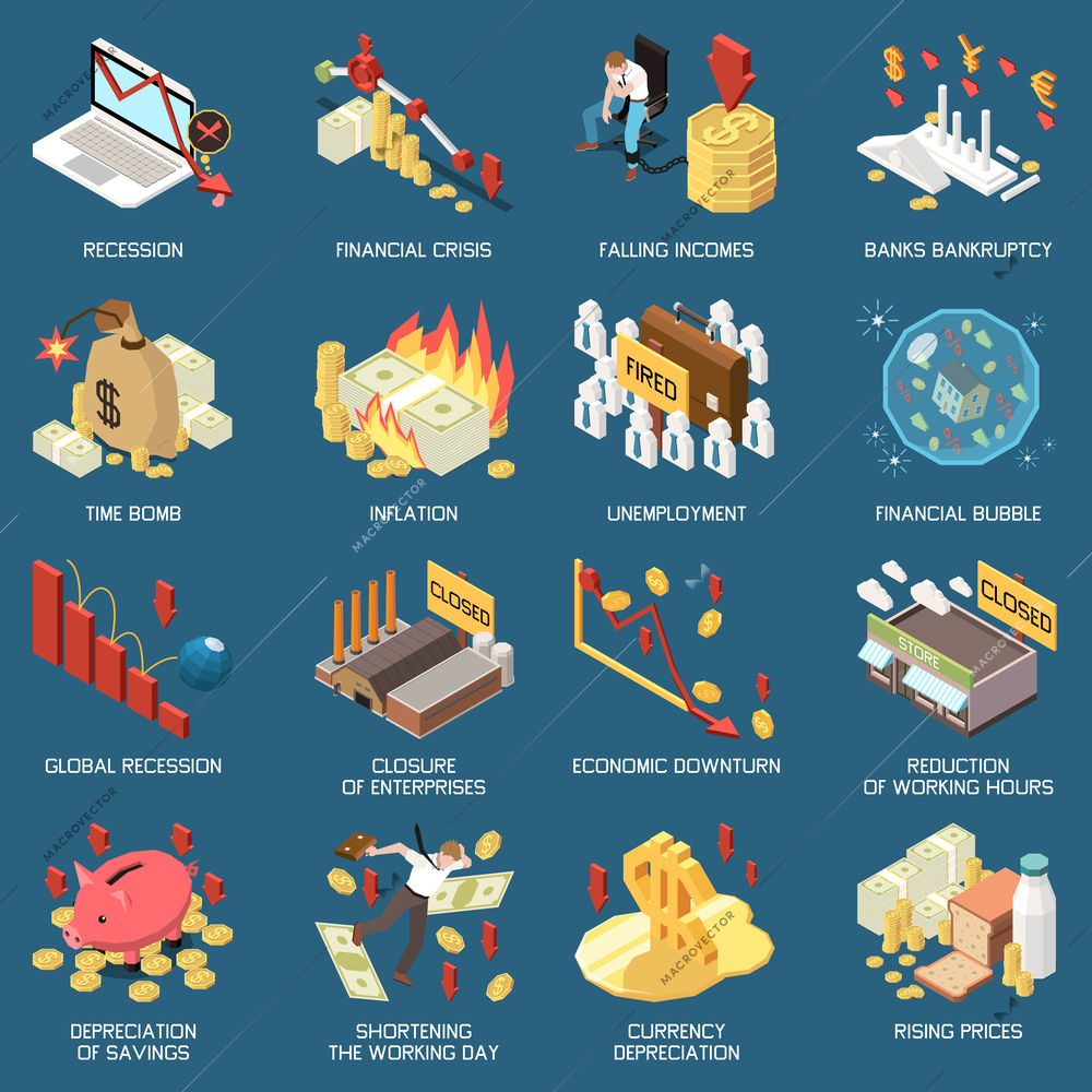 Inflation recession financial economic crisis downfall isometric set of isolated compositions with text captions and icons vector illustration