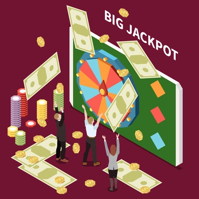 Online lottery gambling casino isometric composition with characters of jackpot winners with flying banknotes and chips vector illustration