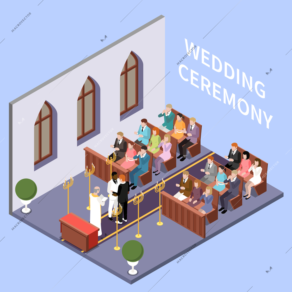 Gay male couple wedding ceremony marriage isometric composition with view of church with pastor and guests vector illustration