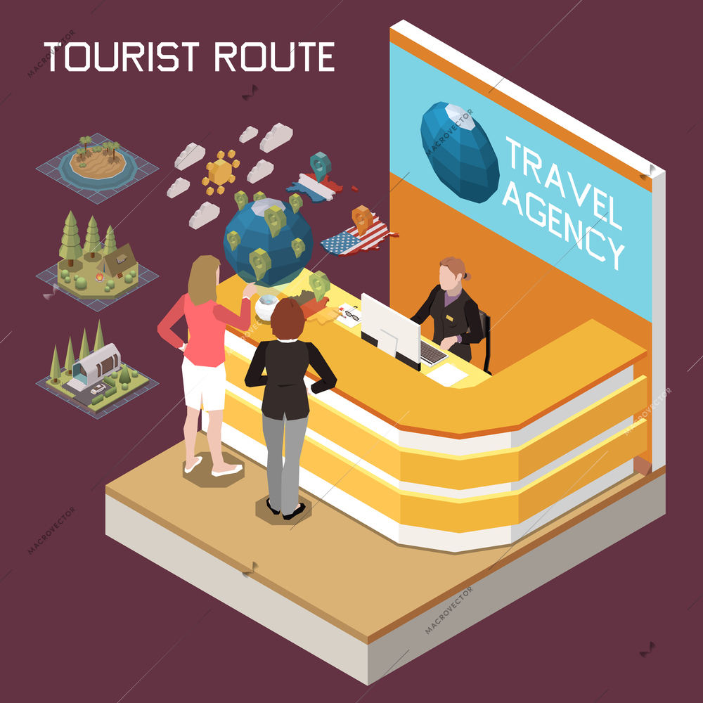 Virtual augmented reality isometric composition with text and travel agency counter with people and sight models vector illustration