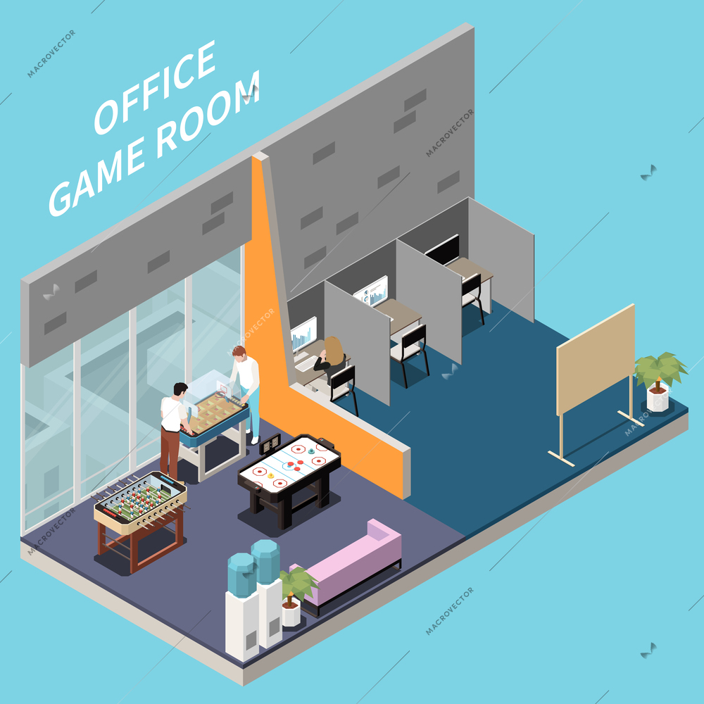 Office recreation facilities isometric composition with isolated view of coworkers computer workplaces with table games venue vector illustration