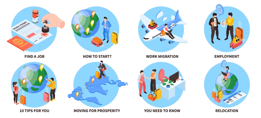 Migrant workers compositions set with tips and start symbols isometric isolated vector illustration