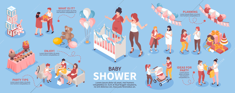 Baby shower infographic set with welcome celebration symbols isometric vector illustration