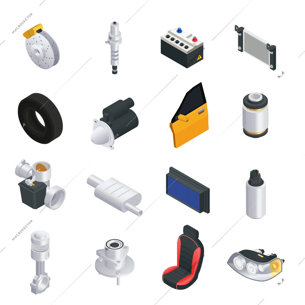 Car parts spares isometric set with isolated icons of spare details refill units on blank background vector illustration