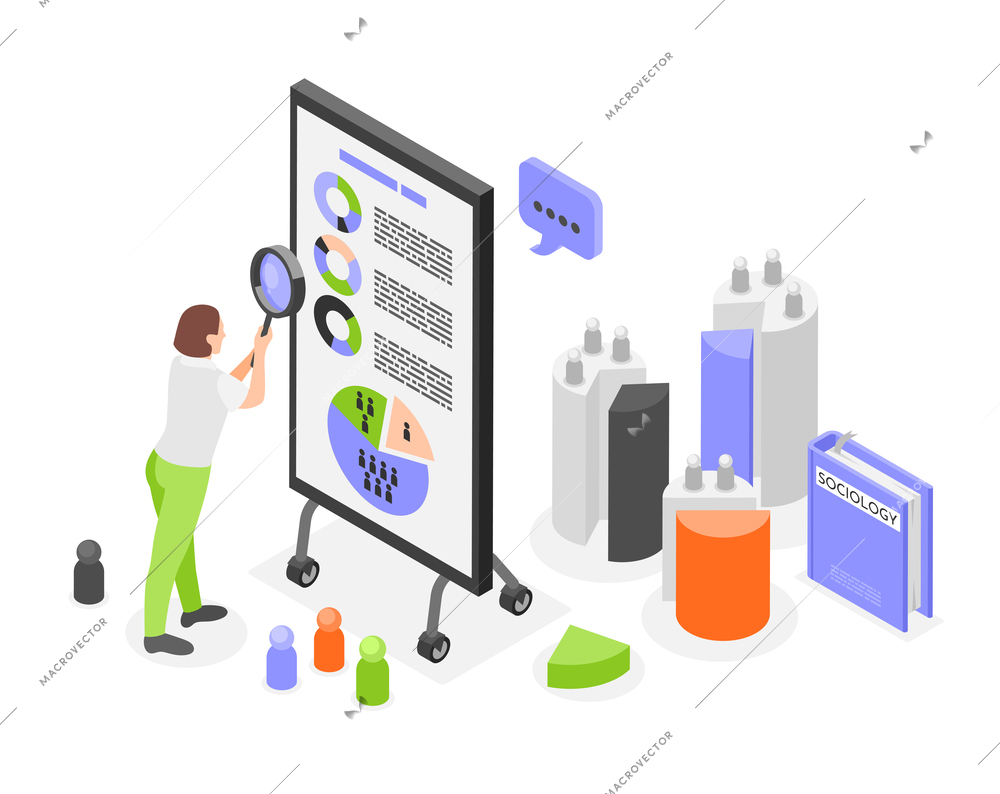 Sociology isometric composition with female character holding magnifying glass and stand with analytics and radial charts vector illustration