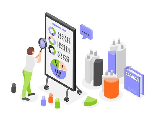 Sociology isometric composition with female character holding magnifying glass and stand with analytics and radial charts vector illustration