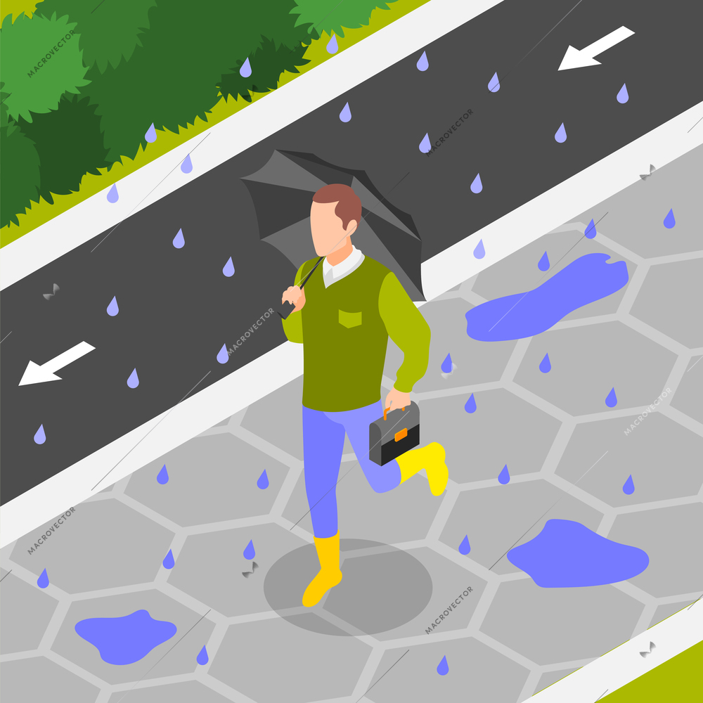 Rainy day isometric background composition with man running along park lane with umbrella and rain drops vector illustration