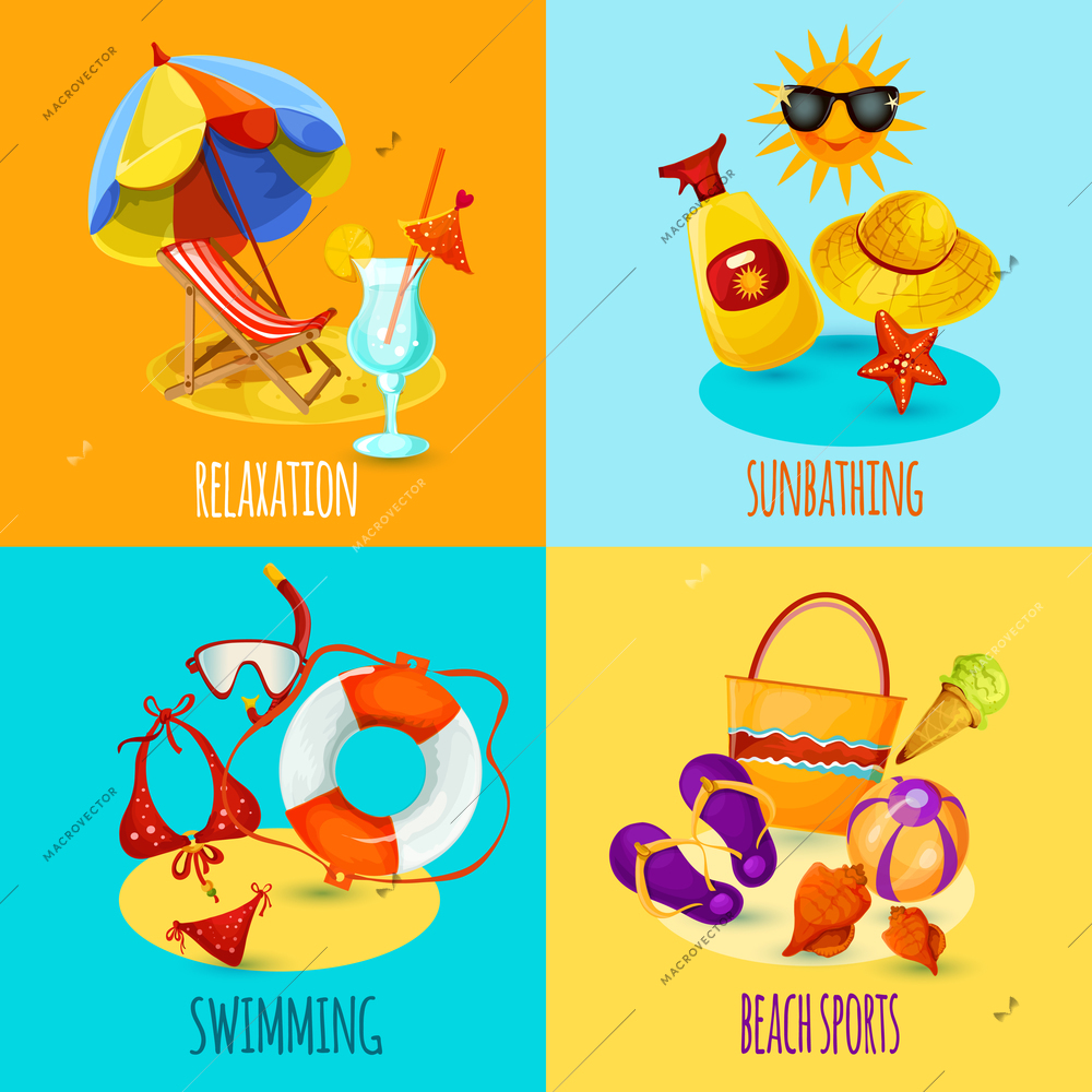 Summer holidays design concept set with relaxation sunbathing swimming beach sports icons isolated vector illustration