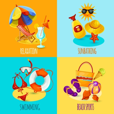 Summer holidays design concept set with relaxation sunbathing swimming beach sports icons isolated vector illustration