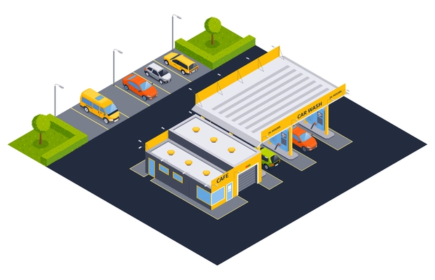 Isometric automated car wash isolated composition with view of car wash building with cars parking lot vector illustration