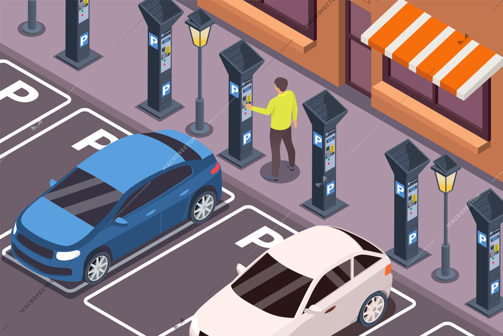 Self service isometric composition with outdoor scenery of parking lot with male driver paying with terminal vector illustration