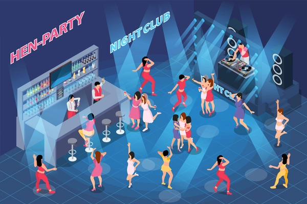 Bachelorette party hen party isometric composition with night club indoor scenery with drinking and dancing women vector illustration