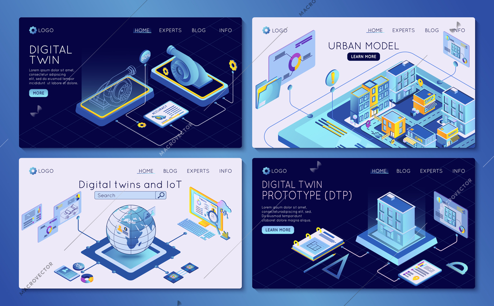 Digital twin technology prototype urban model internet of things isometric web banners set isolated vector illustration