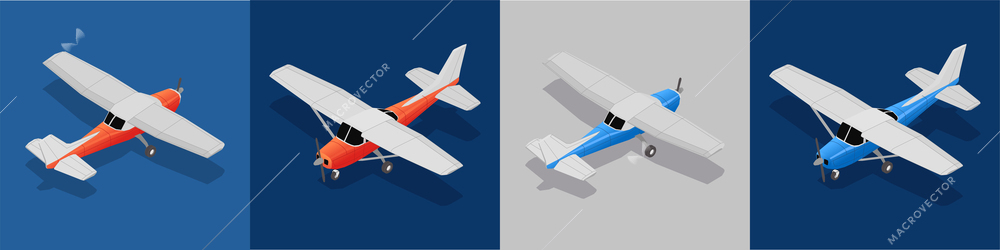 Aircraft airplanes maintenance service repair isometric set of square compositions with icons of light training planes vector illustration