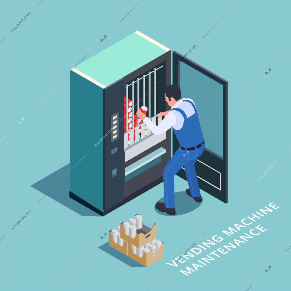 Vending machine isometric composition with editable text and worker in uniform putting goods into machine slots vector illustration