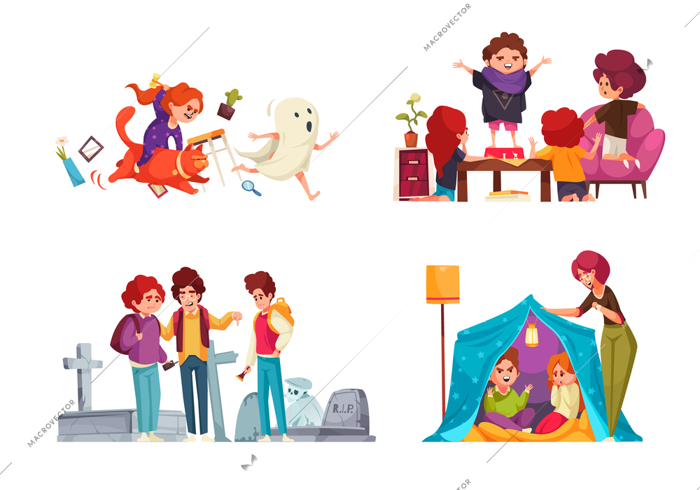 Children playing and telling horror stories cartoon icons set isolated vector illustration