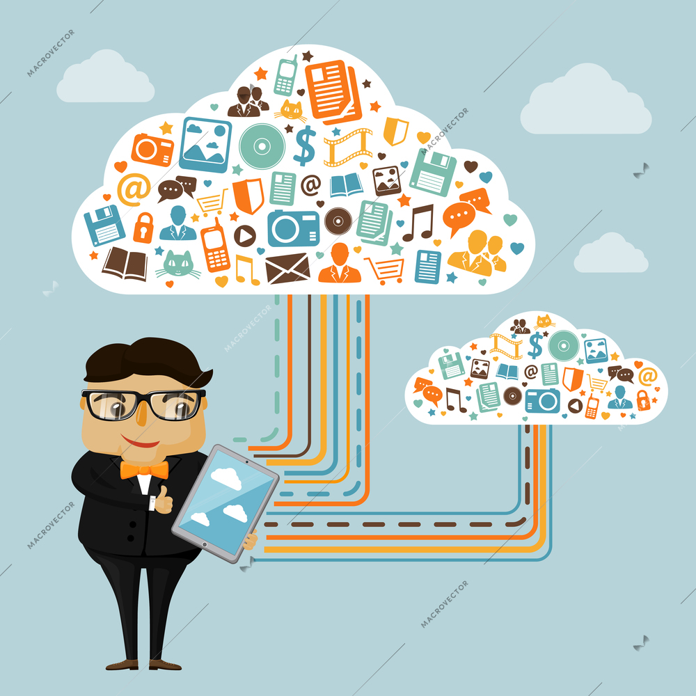 Cloud technologies for business with geek boy holding tablet with apps and media concept vector illustration