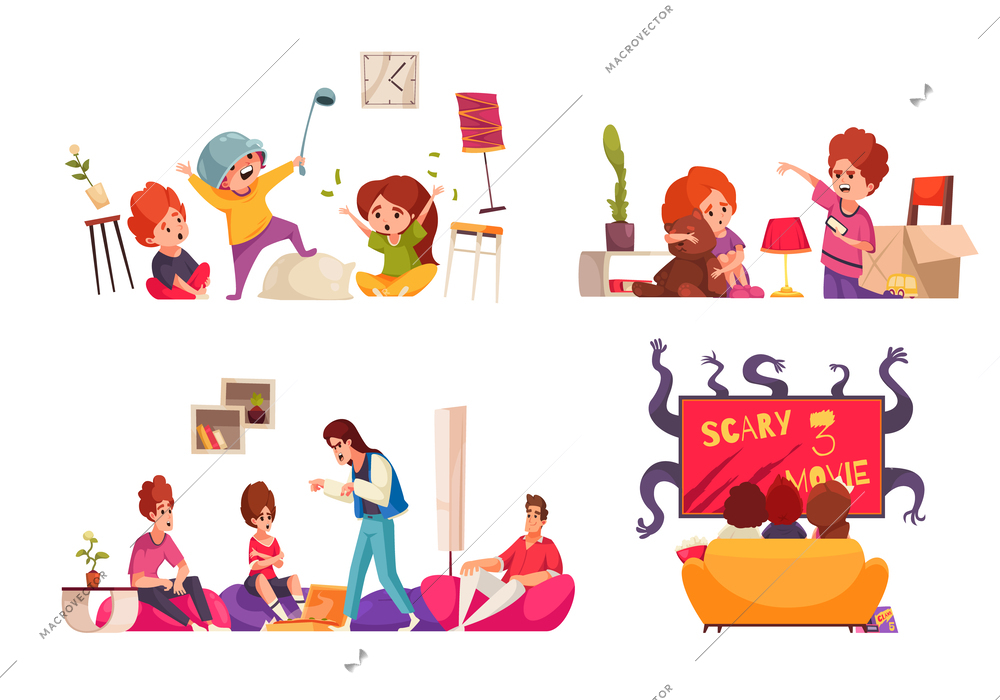 Children telling scary stories and watching horror movies cartoon icons set isolated vector illustration