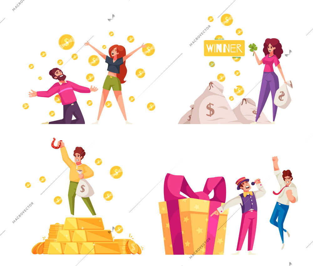 Lottery icon cartoon set with winners holding bunch on money isolated vector illustration