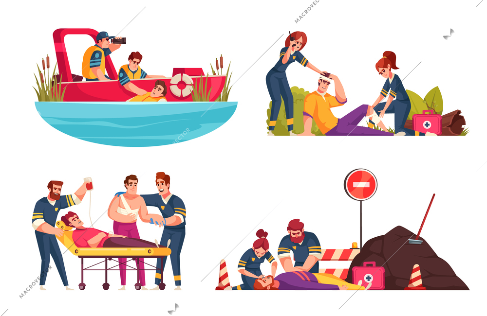 Emergency cartoon compositions set with rescue and ambulance workers isolated vector illustration