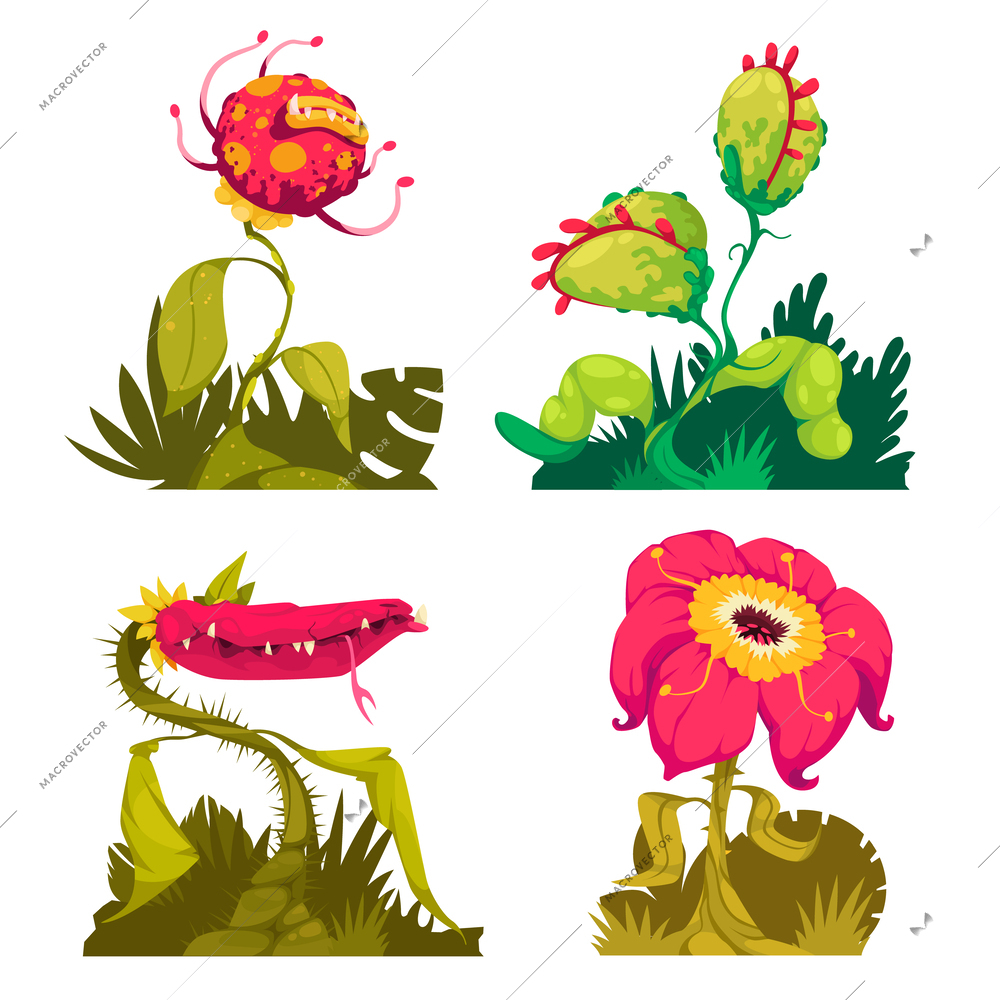 Carnivorous monster plant cartoon icons set with dangerous flowers and petals isolated vector illustration