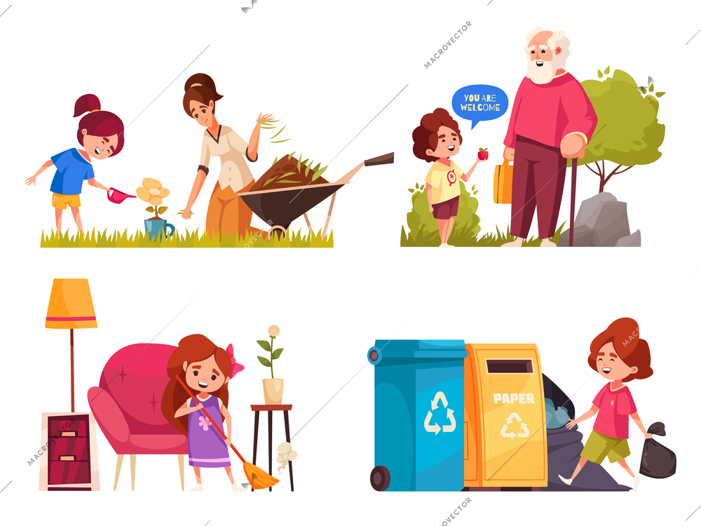 Well-behaved children icons set with kids helping parents in garden and home isolated vector illustration