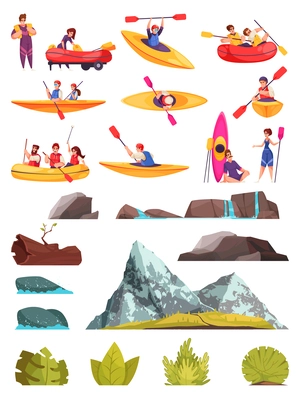 Rafting cartoon icons set  with river and mountain extreme sport activities isolated vector illustration