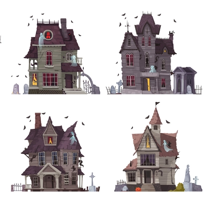 Scary house cartoon icons set with spooky wooden old style buildings isolated vector illustration