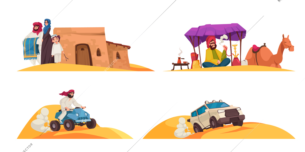 Arabic desert cartoon compositions set with people in traditional clothing in sands isolated vector illustration