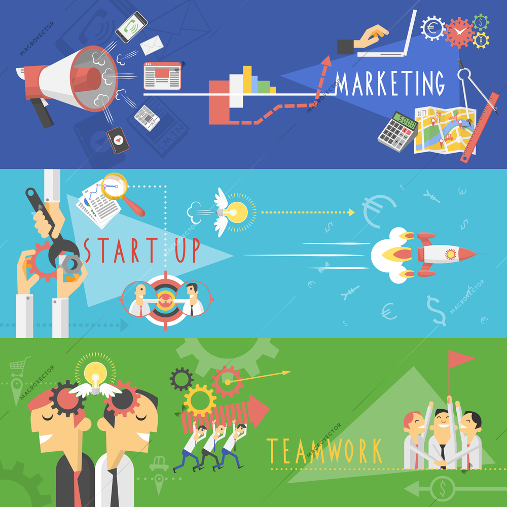 Marketing startup teamwork management business success strategy horizontal banners set with cartoon character abstract isolated vector illustration