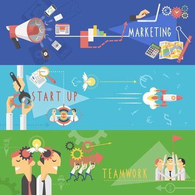 Marketing startup teamwork management business success strategy horizontal banners set with cartoon character abstract isolated vector illustration