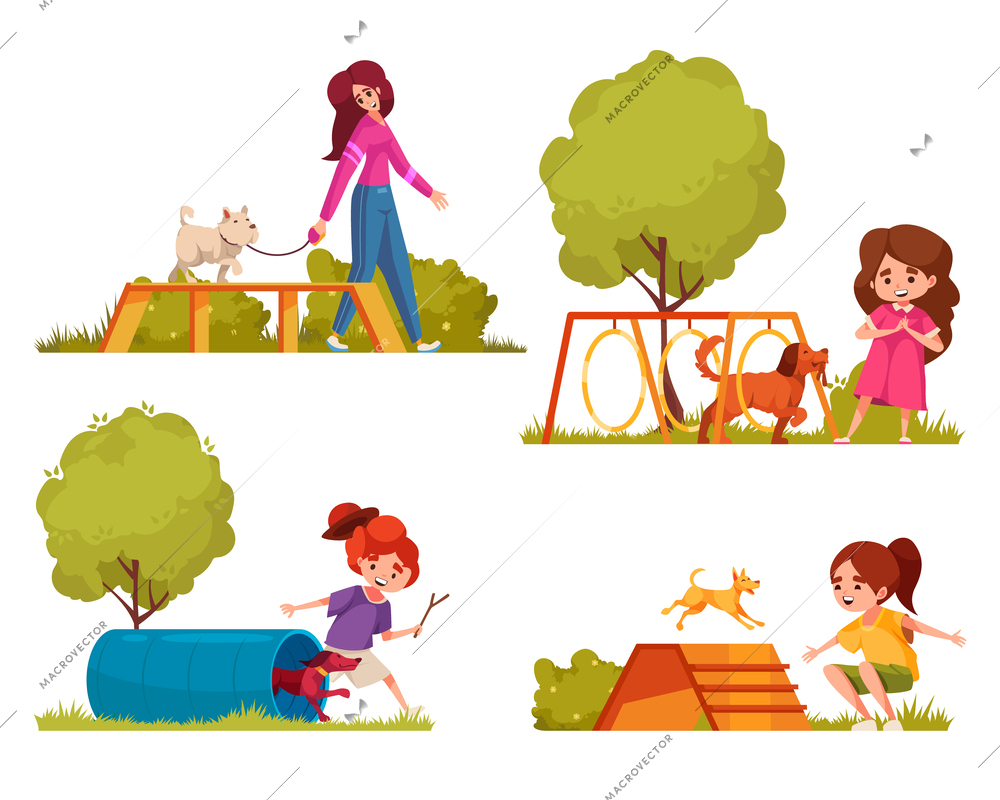 Dog playground cartoon composition set with children and adult teaching puppy isolated vector illustration