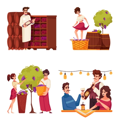 Wine composition cartoon icons set with traditional making and drinking scenes isolated vector illustration