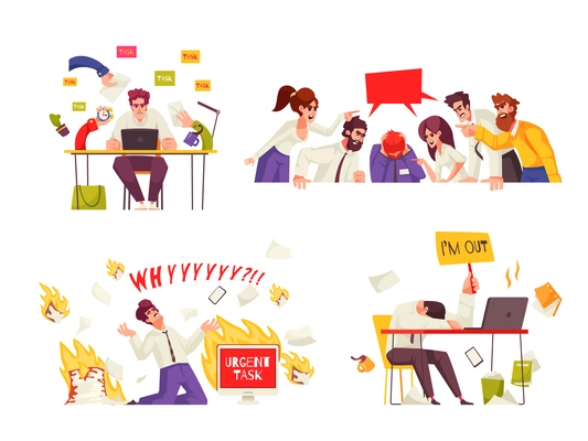 Office stress compositions set with burned out employeed isolated vector illustration