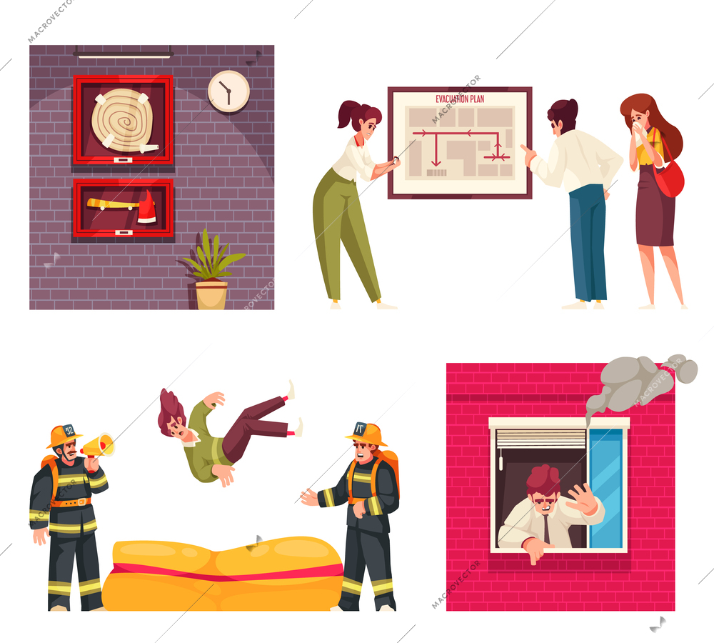 Evacuation cartoon icons set with people escaping burning house isolated vector illustration