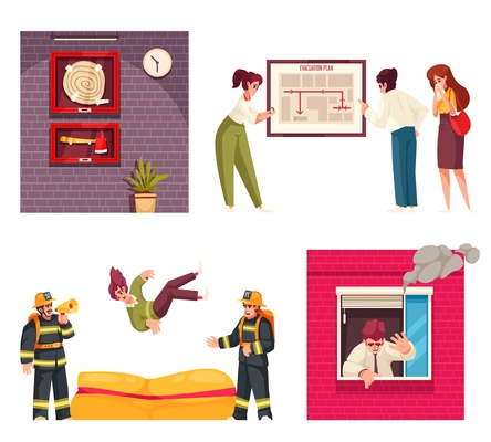 Evacuation cartoon icons set with people escaping burning house isolated vector illustration
