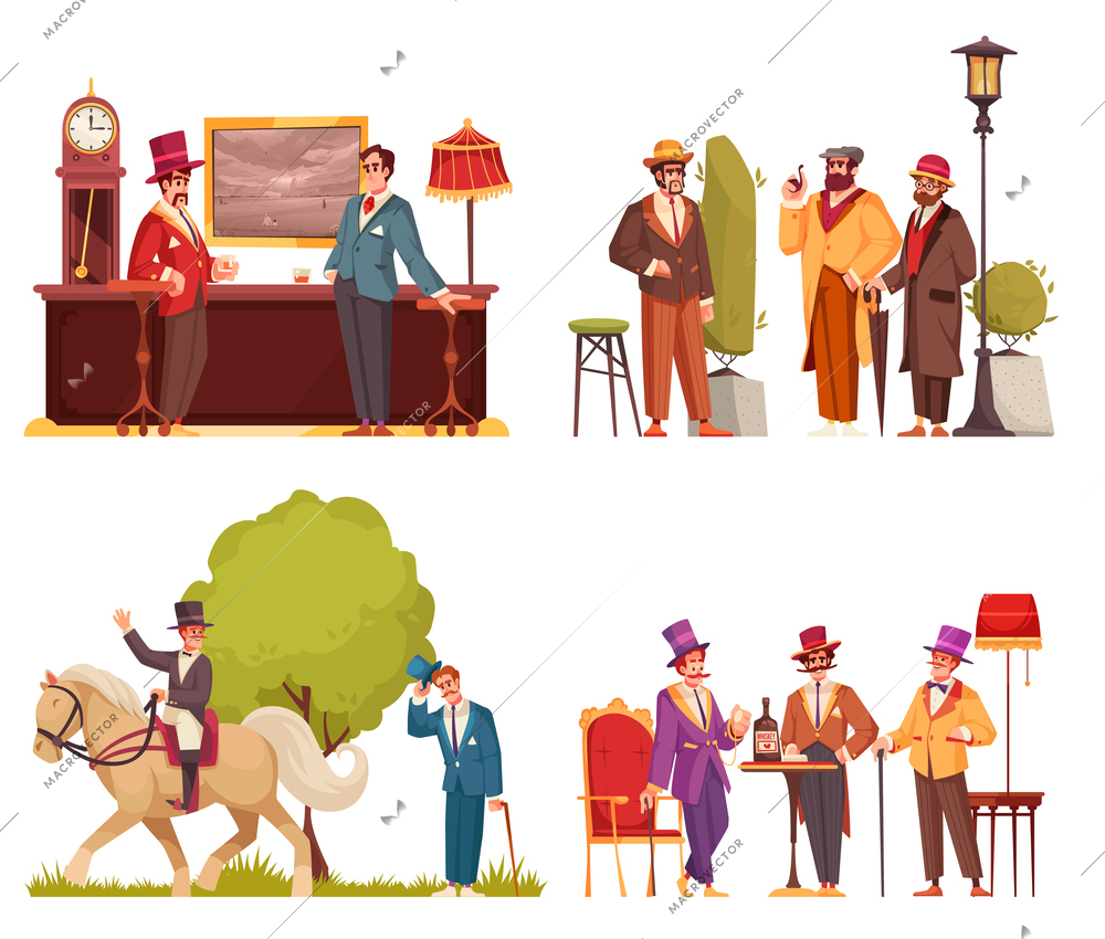 Gentlemen cartoon compositions set with english aristorcats in different situations isolated vector illustration