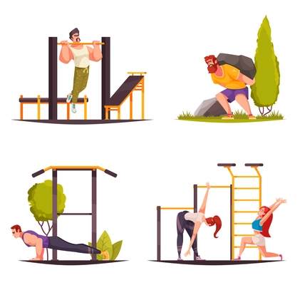 Outdoor sport cartoon composition set wit people working out outdoors isolated vector illustration
