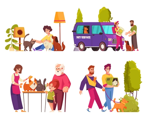 Pet service cartoon composition set with people taking care of their cats and dogs isolated vector illustration