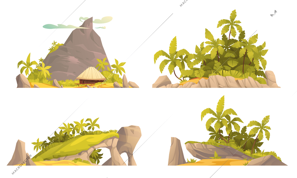 Tropical island cartoon composition set with jungle trees on stone rocks isolated vector illustration