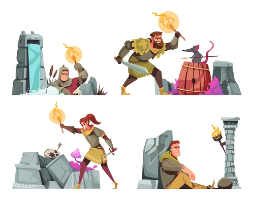 Dungeon cartoon composition set with men and women in ancient clothing and rpg play symbols isolated vector illustration