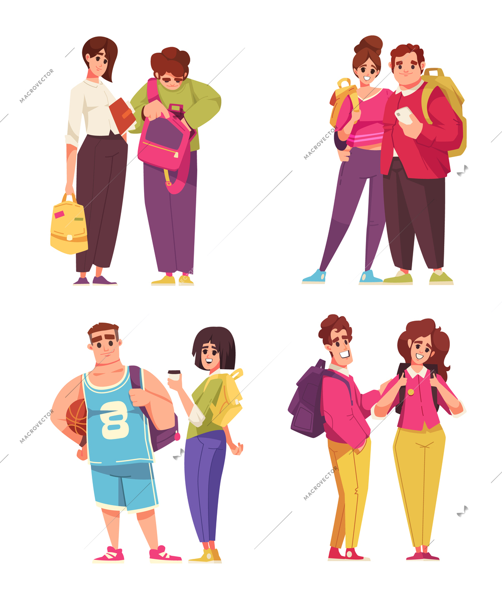 Standing studens with backpacks cartoon composition set isolated vector illustration