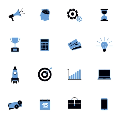 Black and blue business icons flat set with finance strategy idea symbols isolated vector illustration