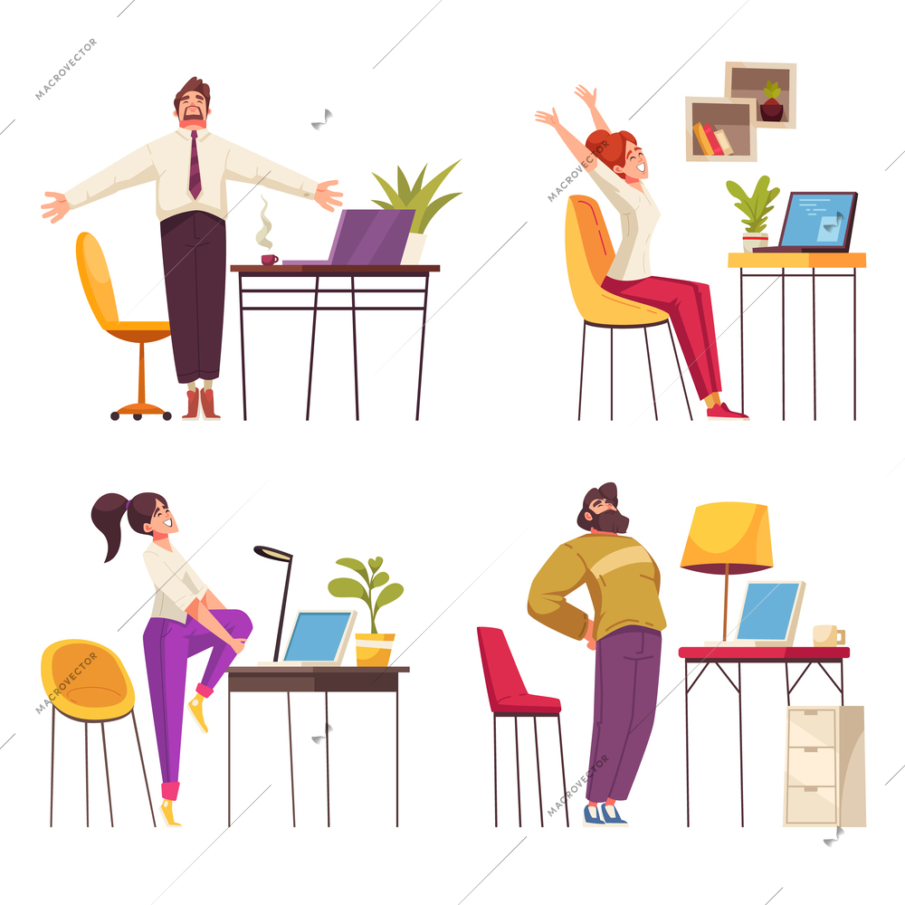 Workplace streches cartoon icons set with people having physical exercising isolated vector illustration