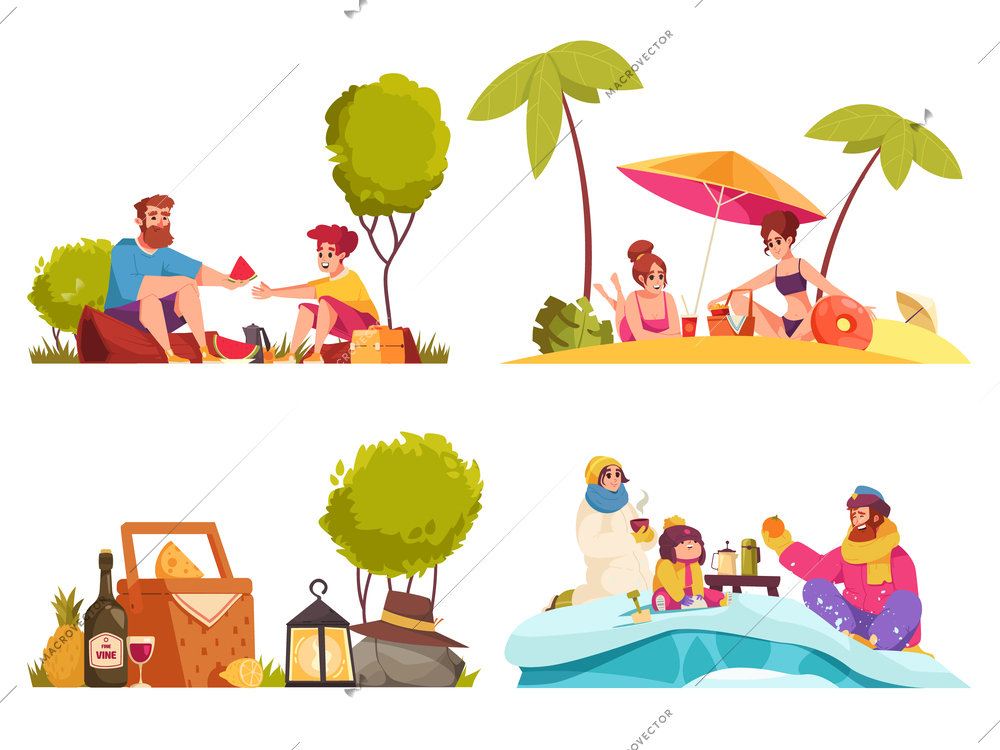 Picnic cartoon compositions set with people eating food on beach and snow field isolated vector illustration