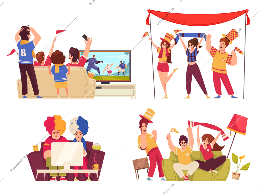 Sports fan cartoon icons set with people watching football at home isolated vector illustration