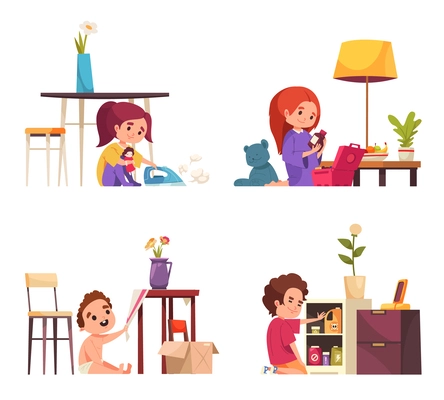 Kid danger cartoon icons set with children in dangerous situations at home isolated vector illustration