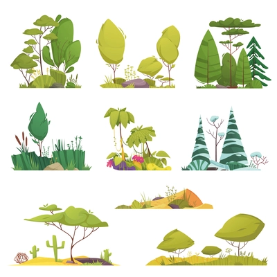 Ecosystem types cartoon icons set with different trees and flora systems isolated vector illustration