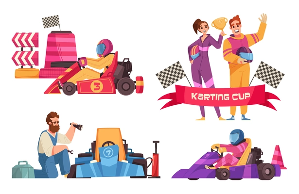 Karting cartoon icons set with race competition symbols isolated vector illustration